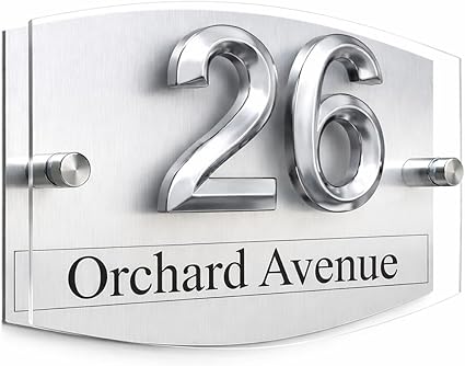 Custom 3D silver house number plaque, dual-layer, outdoor door sign.