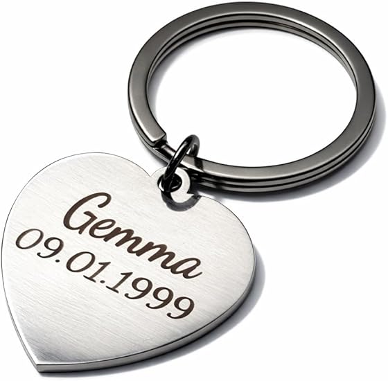 Custom engraved stainless steel heart keychain, available in silver, gold & rose gold.