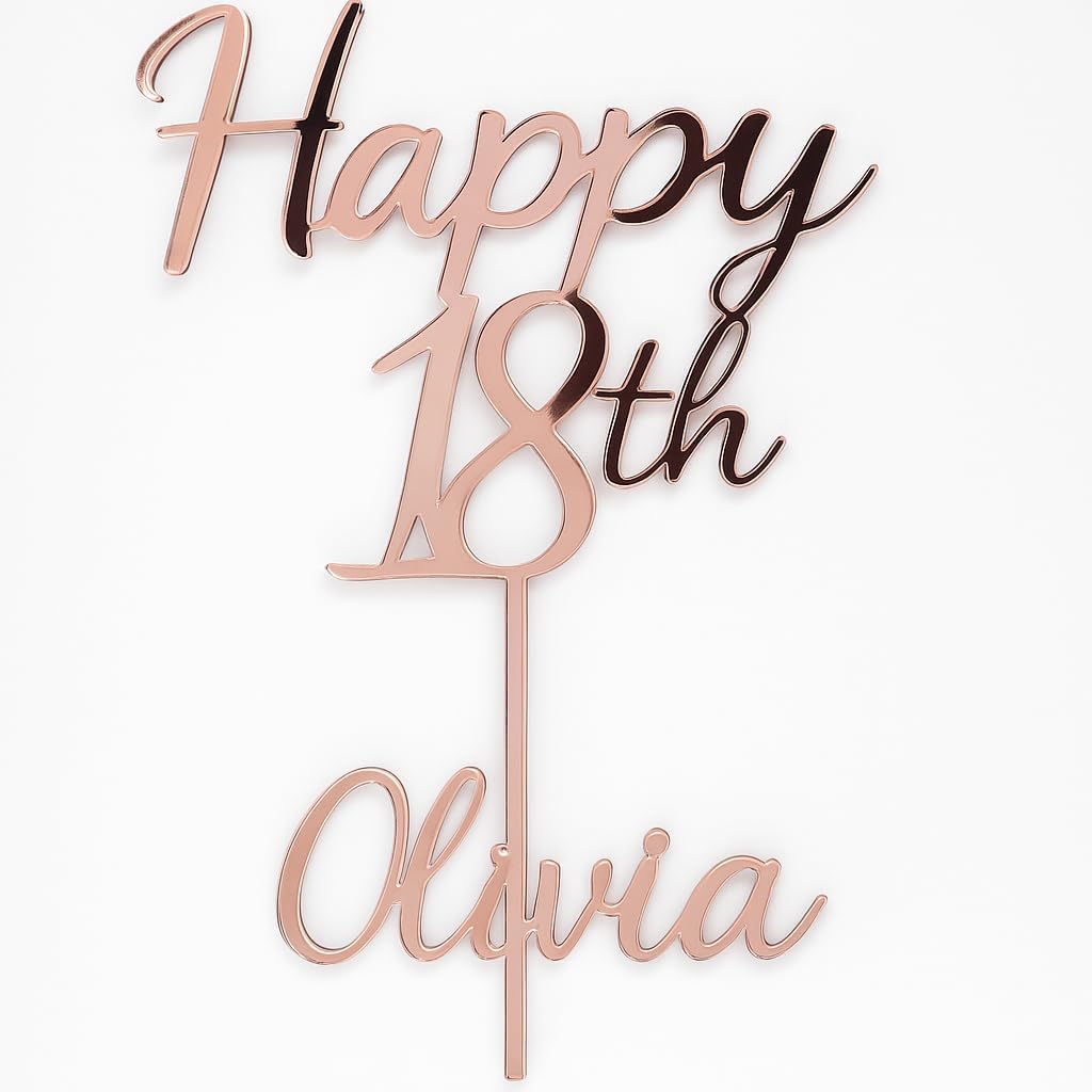 Personalised acrylic cake topper, custom name & age, mirror finish, elegant laser cut decoration.