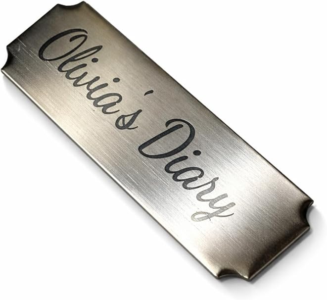Personalized stainless steel name tags, adhesive back.
