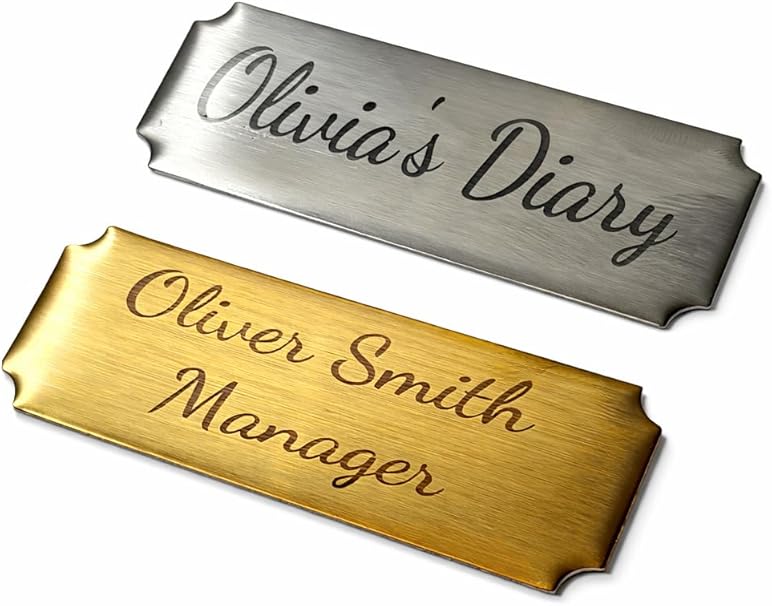 Personalized stainless steel name tags, adhesive back.