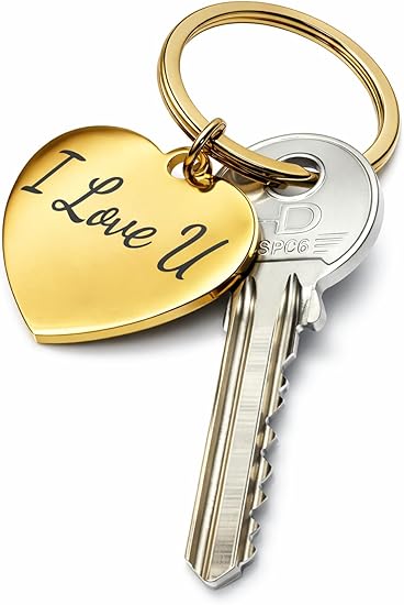 Custom engraved stainless steel heart keychain, available in silver, gold & rose gold.