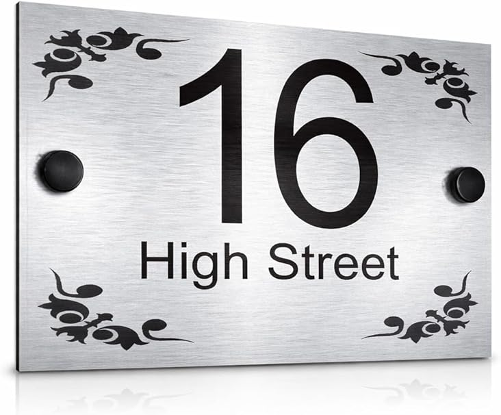Personalised aluminium house number plaque with optional solar light, weatherproof address sign.