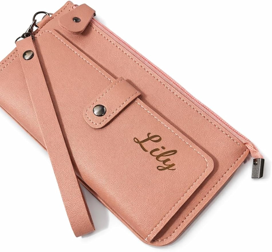 Large Custom Wallet for Women - Laser Engraved, Zipper & Wrist Strap