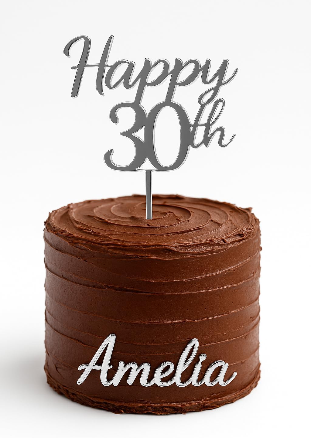 Personalised acrylic cake topper, custom name & age, mirror finish, elegant laser cut decoration.