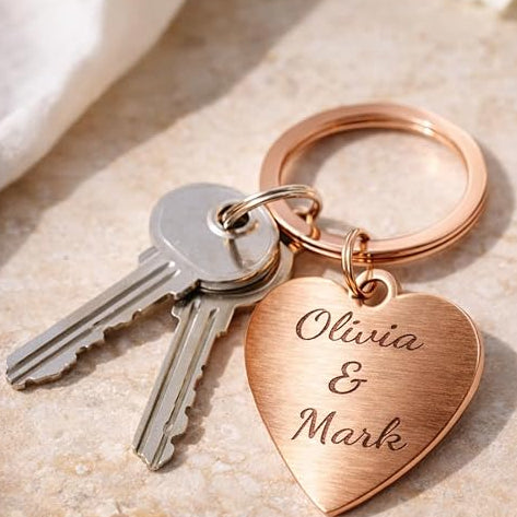 Custom engraved stainless steel heart keychain, available in silver, gold & rose gold.