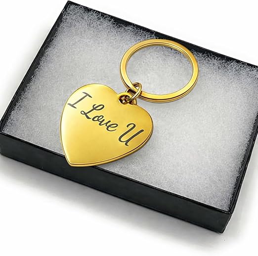 Custom engraved stainless steel heart keychain, available in silver, gold & rose gold.