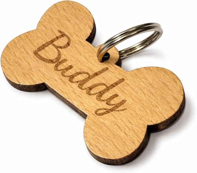 Personalized Laser Engraved Wooden Pet ID Tag – Bone Shape – Lightweight