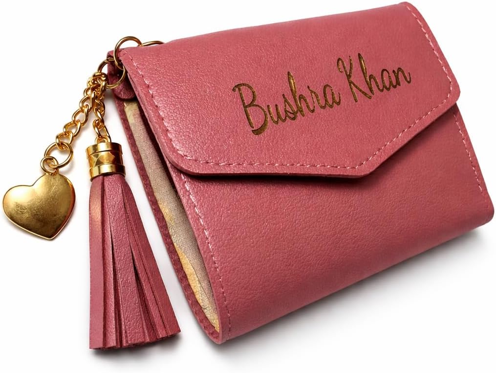 Personalised laser engraved pink three-fold wallet, card holder with tassels & clasp.