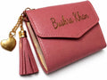 Personalised laser engraved pink three-fold wallet, card holder with tassels & clasp.