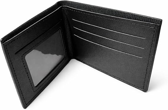 Personalised Engraved Men’s Faux Leather Wallet – Slim Bifold with Money Clip (Black)