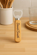Personalised wooden bottle opener, custom engraved, unique gift.