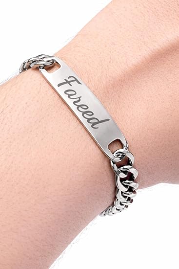 Heavy-Duty Steel Chain Bracelet - Laser Engraved Bar Design for Him