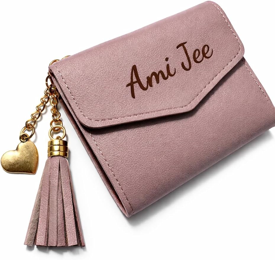 Personalised laser engraved pink three-fold wallet, card holder with tassels & clasp.