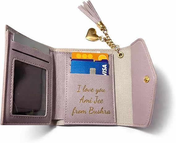 Personalised laser engraved pink three-fold wallet, card holder with tassels & clasp.