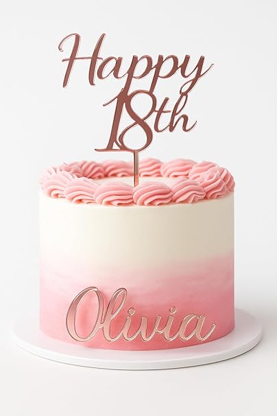 Personalised acrylic cake topper, custom name & age, mirror finish, elegant laser cut decoration.