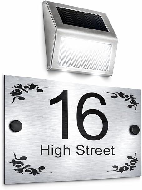 Personalised aluminium house number plaque with optional solar light, weatherproof address sign.
