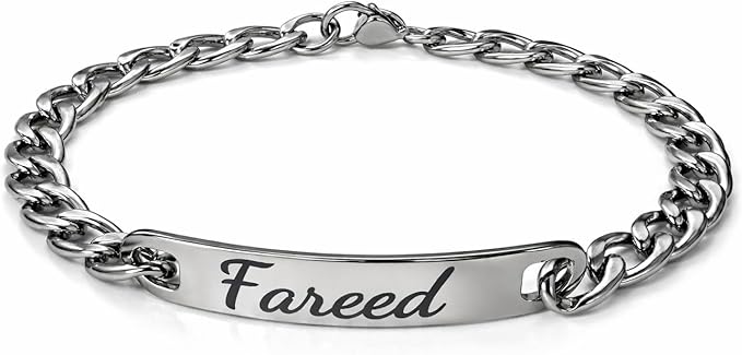 Heavy-Duty Steel Chain Bracelet - Laser Engraved Bar Design for Him