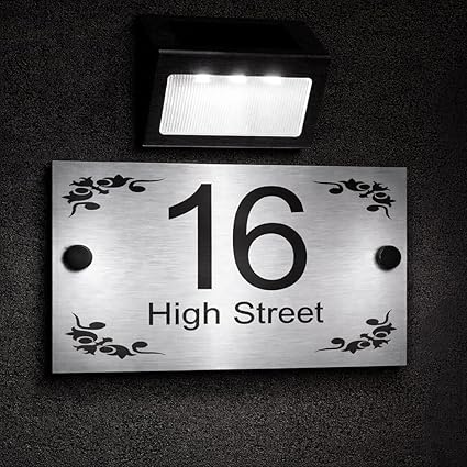 Personalised aluminium house number plaque with optional solar light, weatherproof address sign.