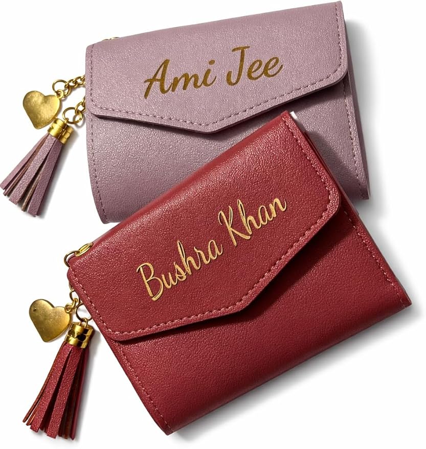 Personalised laser engraved pink three-fold wallet, card holder with tassels & clasp.