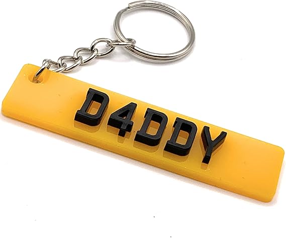 Personalised car number plate keyring with custom name or registration.