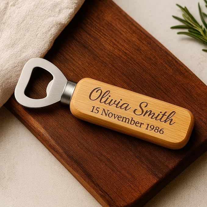 Personalised wooden bottle opener, custom engraved, unique gift.