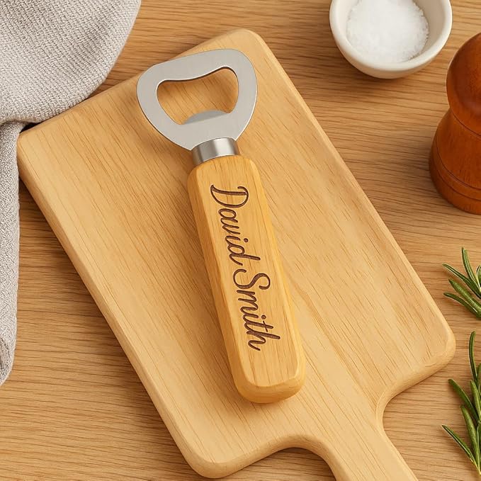 Personalised wooden bottle opener, custom engraved, unique gift.