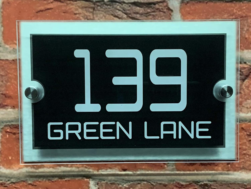Contemporary dual-layer house sign, personalised acrylic & aluminium composite, stylish address plaque.