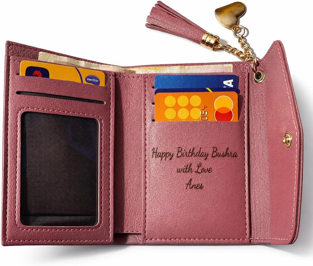 Personalised laser engraved pink three-fold wallet, card holder with tassels & clasp.