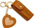 Personalised PU Leather Lipstick Holder Keychain with Heart Mirror – Custom Name & Birth Month Flower Engraving –