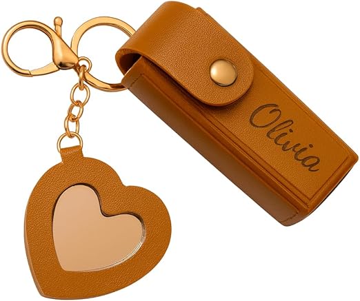 Personalised PU Leather Lipstick Holder Keychain with Heart Mirror – Custom Name & Birth Month Flower Engraving –