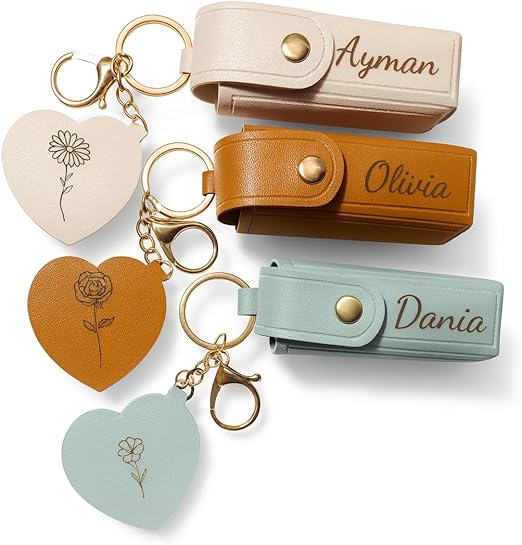 Personalised PU Leather Lipstick Holder Keychain with Heart Mirror – Custom Name & Birth Month Flower Engraving –