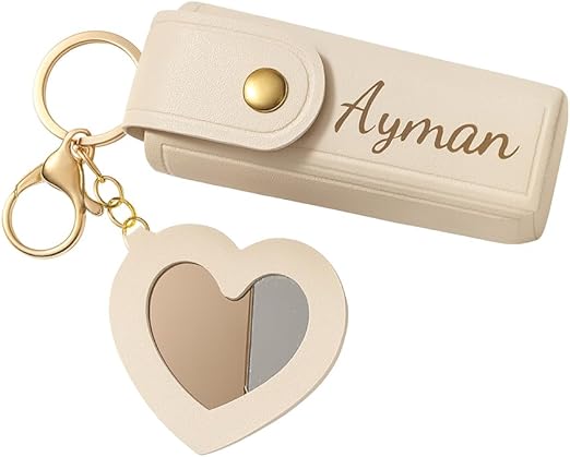 Personalised PU Leather Lipstick Holder Keychain with Heart Mirror – Custom Name & Birth Month Flower Engraving –
