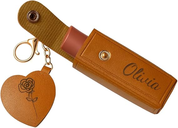 Personalised PU Leather Lipstick Holder Keychain with Heart Mirror – Custom Name & Birth Month Flower Engraving –