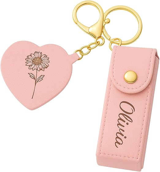 Personalised PU Leather Lipstick Holder Keychain with Heart Mirror – Custom Name & Birth Month Flower Engraving –