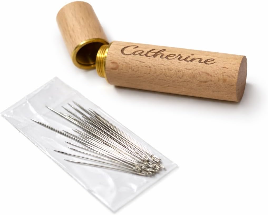 Personalised Engraved Wooden Needle Holder Case with 30 Needles – Sewing Gift